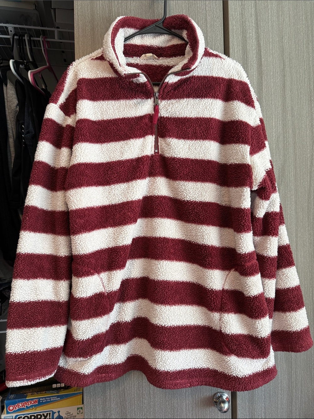 Striped Half-Zip Sherpa Pullover - Burgundy & White